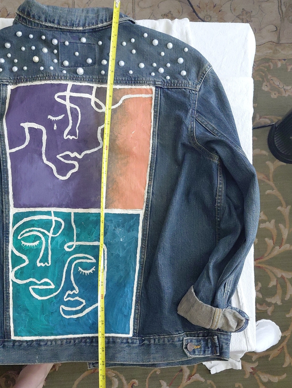 OOAK Hand Painted Denim Jacket Abstract Line Art Portrait Pearl Embellished - Picture 9 of 10